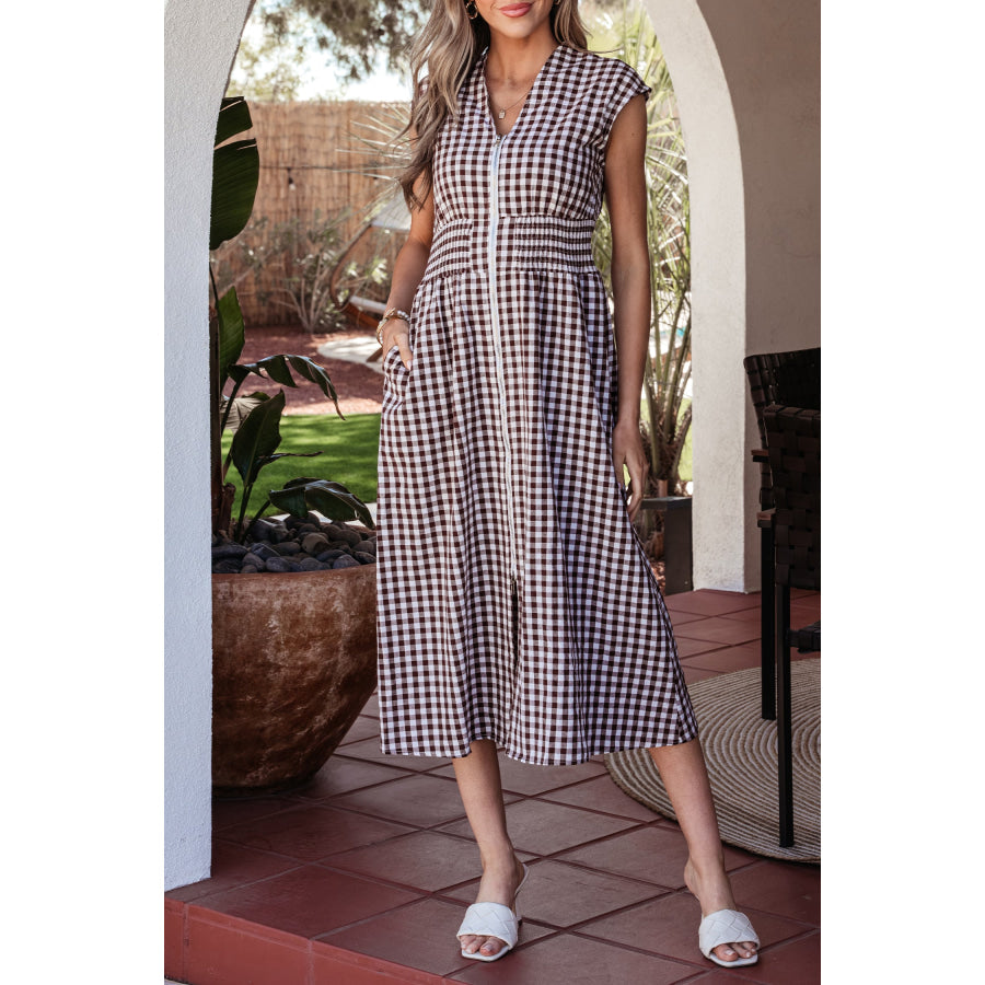 Coffee Plaid Print Full Zipper Cinched Waist Fit Flare Sleeveless Maxi Dress Dresses/Maxi Dresses
