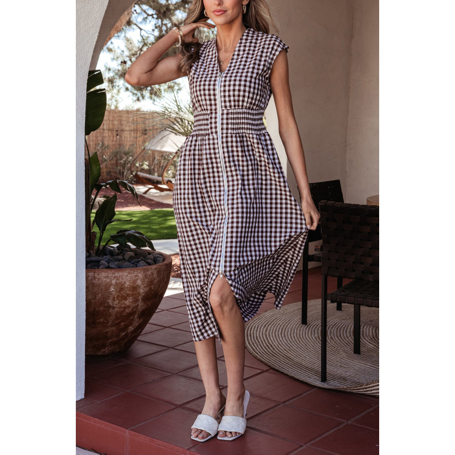 Coffee Plaid Print Full Zipper Cinched Waist Fit Flare Sleeveless Maxi Dress Dresses/Maxi Dresses