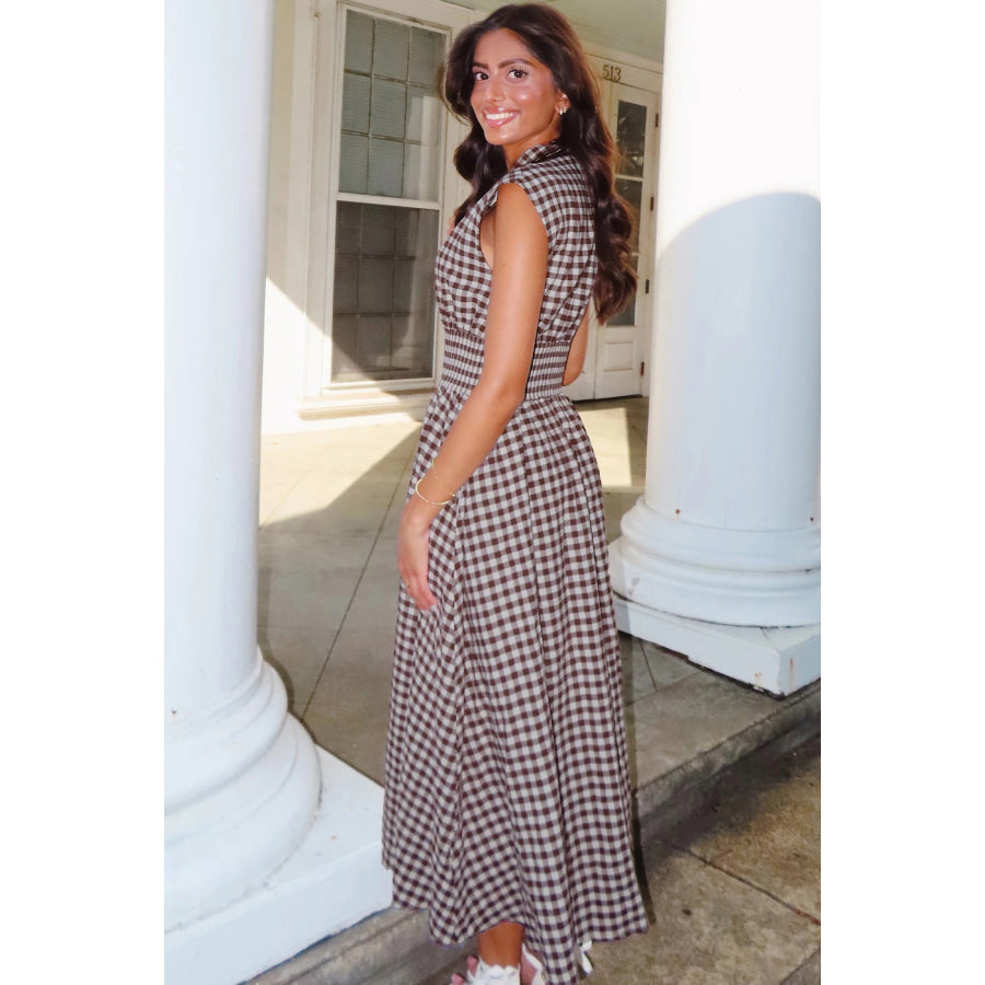 Coffee Plaid Print Full Zipper Cinched Waist Fit Flare Sleeveless Maxi Dress Coffee / S / 95% Cotton + 5% Polyester Dresses/Maxi Dresses