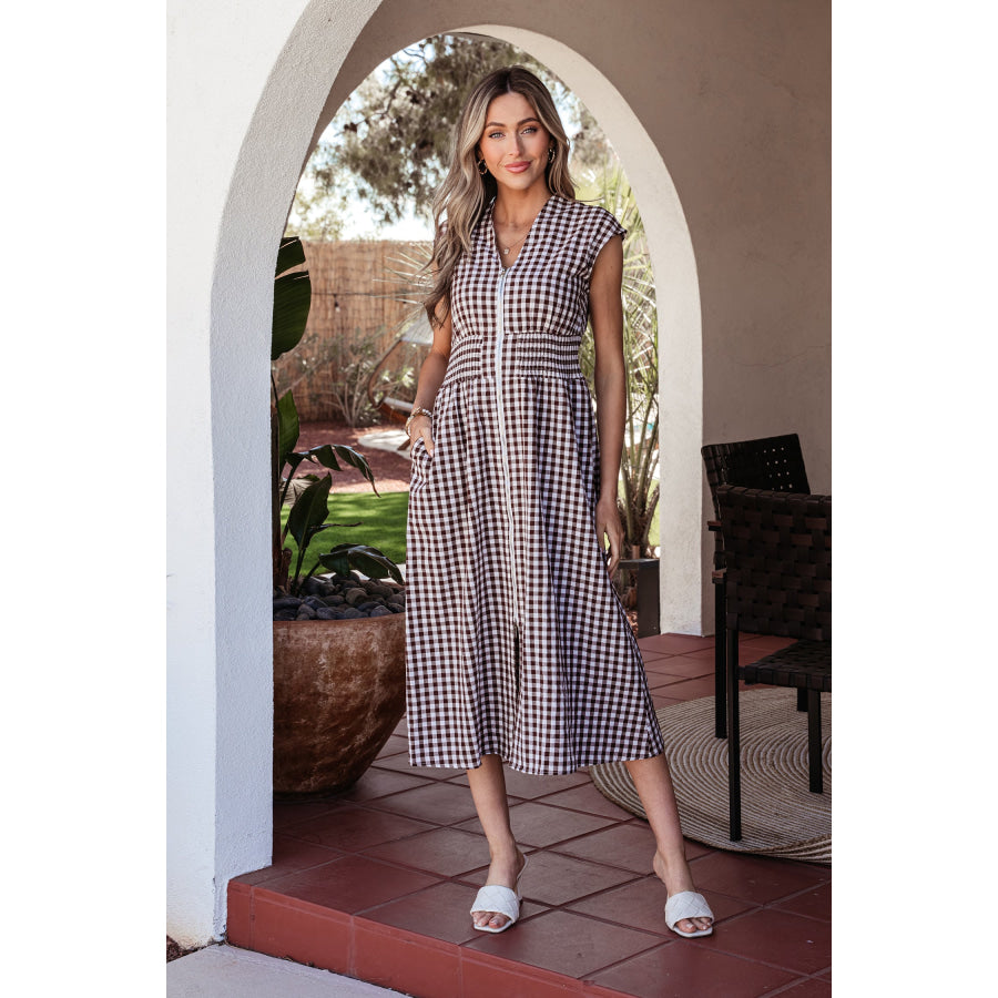 Coffee Plaid Print Full Zipper Cinched Waist Fit Flare Sleeveless Maxi Dress Dresses/Maxi Dresses