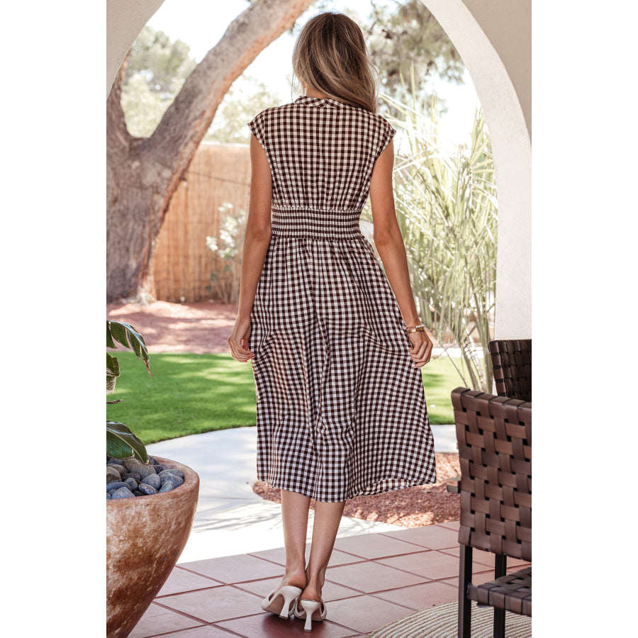 Coffee Plaid Print Full Zipper Cinched Waist Fit Flare Sleeveless Maxi Dress Dresses/Maxi Dresses