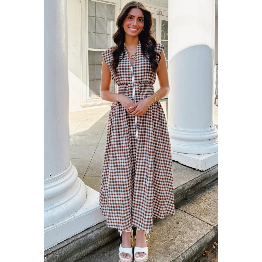 Coffee Plaid Print Full Zipper Cinched Waist Fit Flare Sleeveless Maxi Dress Dresses/Maxi Dresses