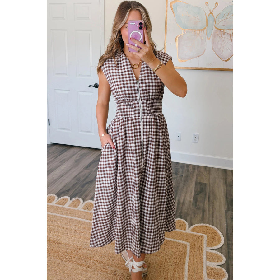 Coffee Plaid Print Full Zipper Cinched Waist Fit Flare Sleeveless Maxi Dress Dresses/Maxi Dresses