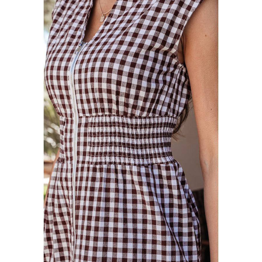 Coffee Plaid Print Full Zipper Cinched Waist Fit Flare Sleeveless Maxi Dress Dresses/Maxi Dresses