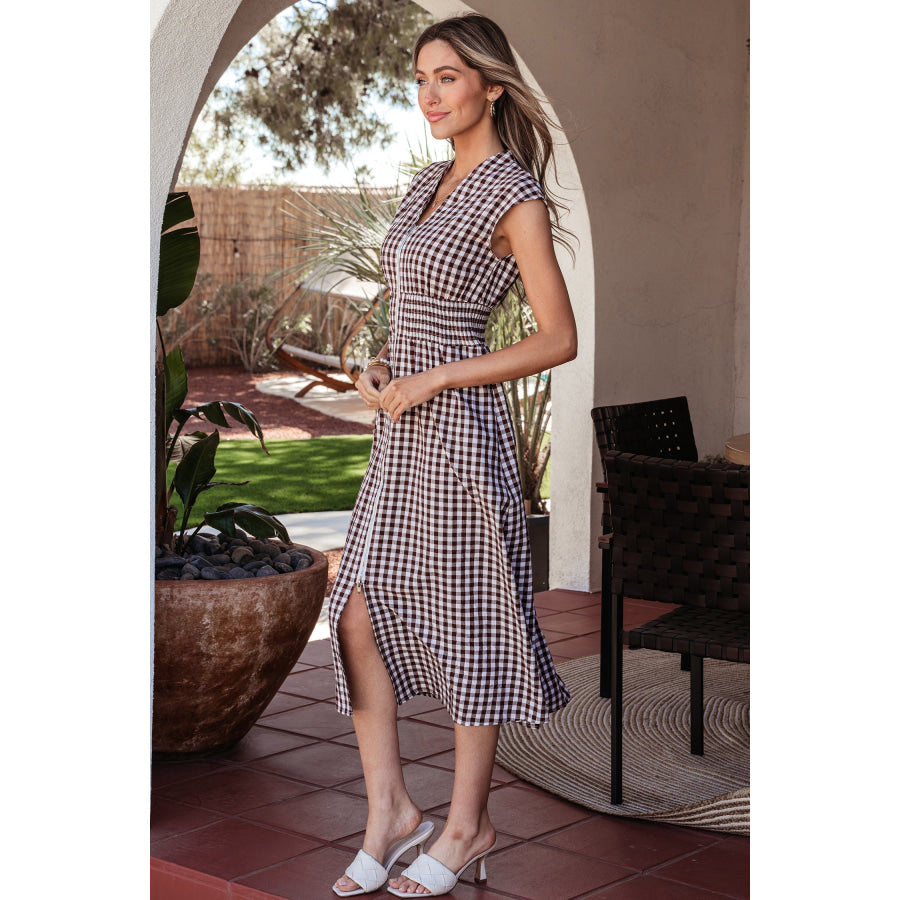 Coffee Plaid Print Full Zipper Cinched Waist Fit Flare Sleeveless Maxi Dress Dresses/Maxi Dresses