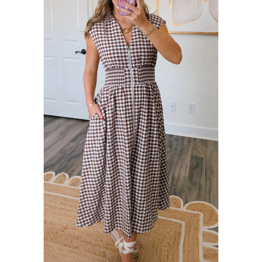 Coffee Plaid Print Full Zipper Cinched Waist Fit Flare Sleeveless Maxi Dress Coffee / S / 95% Cotton + 5% Polyester Dresses/Maxi Dresses