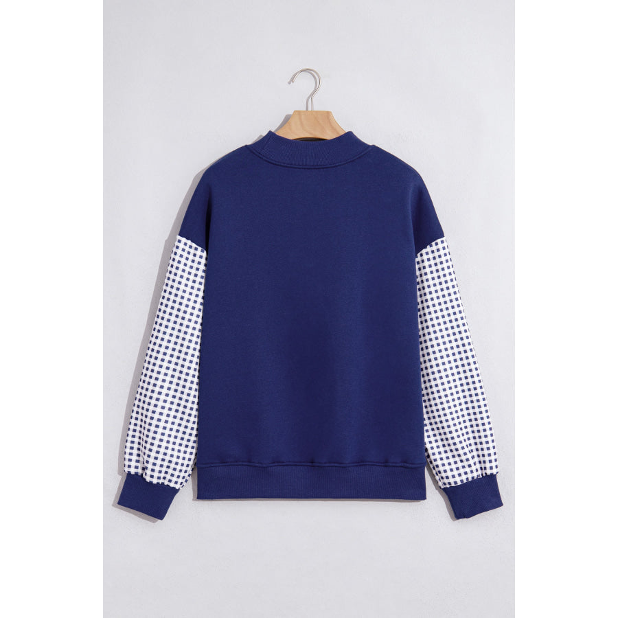 Coffee Plaid Sleeve Colorblock Loose Tunic Sweatshirt Tops/Sweatshirts & Hoodies