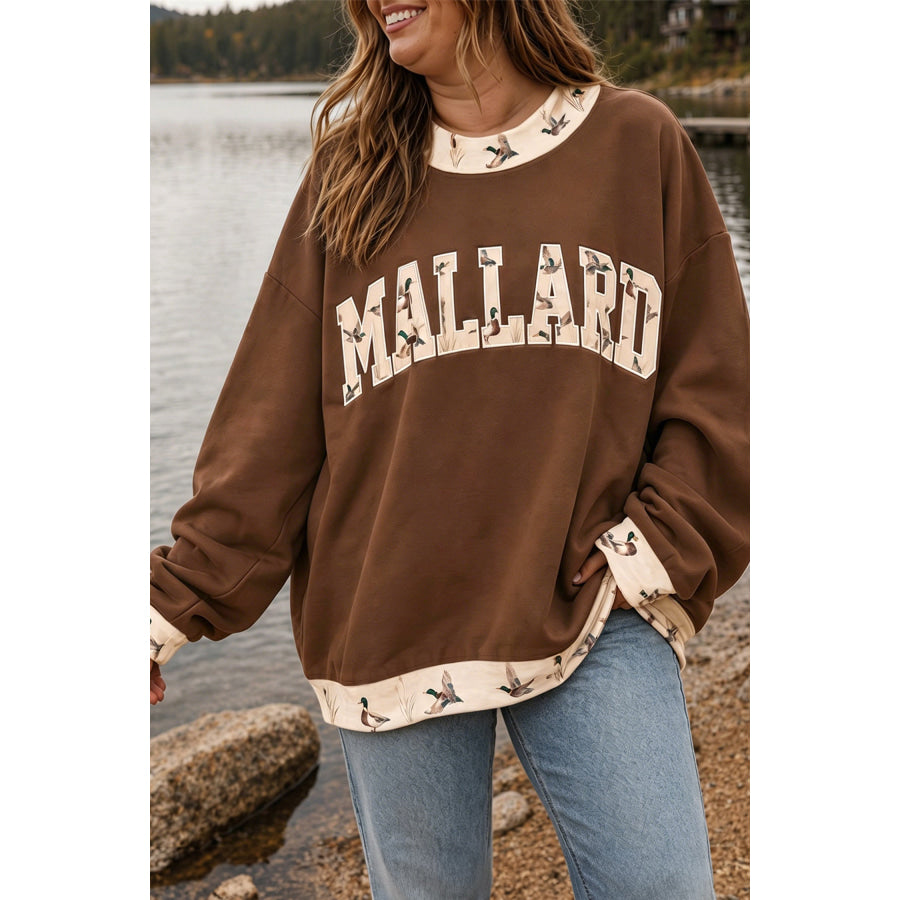 Coffee Plus Size Embroidered Trim Mallard Patch Contrast Crewneck Sweatshirt / 1X Size/Plus Sweatshirts & Hoodies