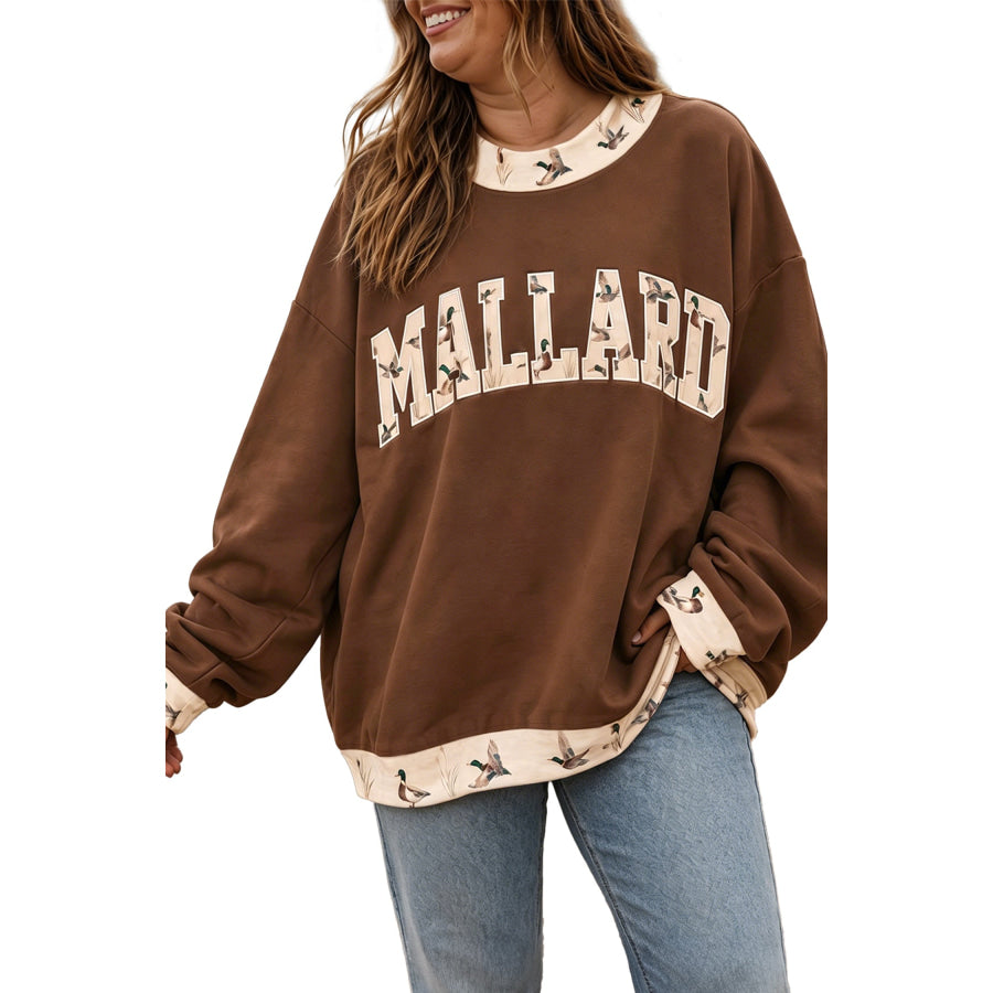 Coffee Plus Size Embroidered Trim Mallard Patch Contrast Crewneck Sweatshirt Size/Plus Sweatshirts & Hoodies