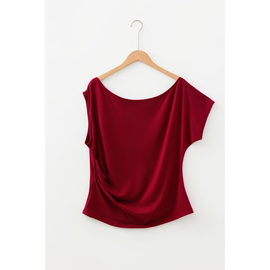 Coffee Plus Size Solid Color Asymmetric Neck Short Sleeve Blouse Plus Size/Plus Size Tops/Plus Size Tops & Tees
