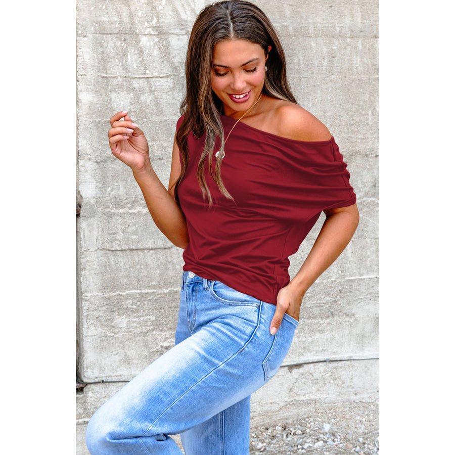 Coffee Plus Size Solid Color Asymmetric Neck Short Sleeve Blouse Plus Size/Plus Size Tops/Plus Size Tops & Tees