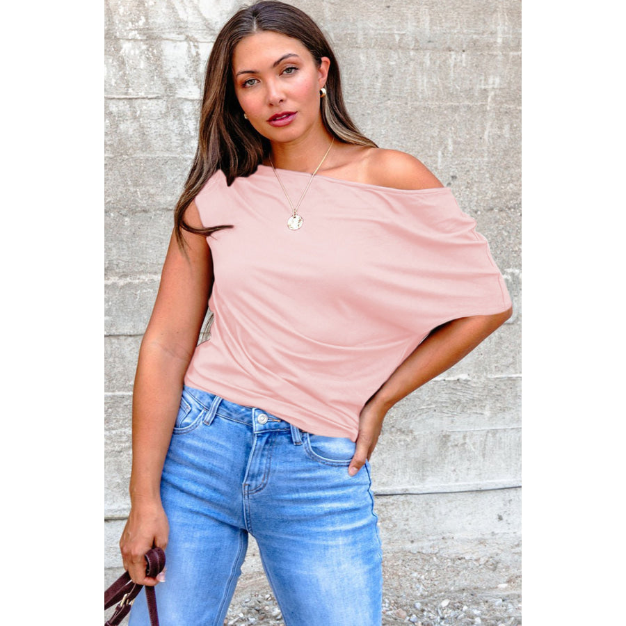 Coffee Plus Size Solid Color Asymmetric Neck Short Sleeve Blouse Plus Size/Plus Size Tops/Plus Size Tops & Tees