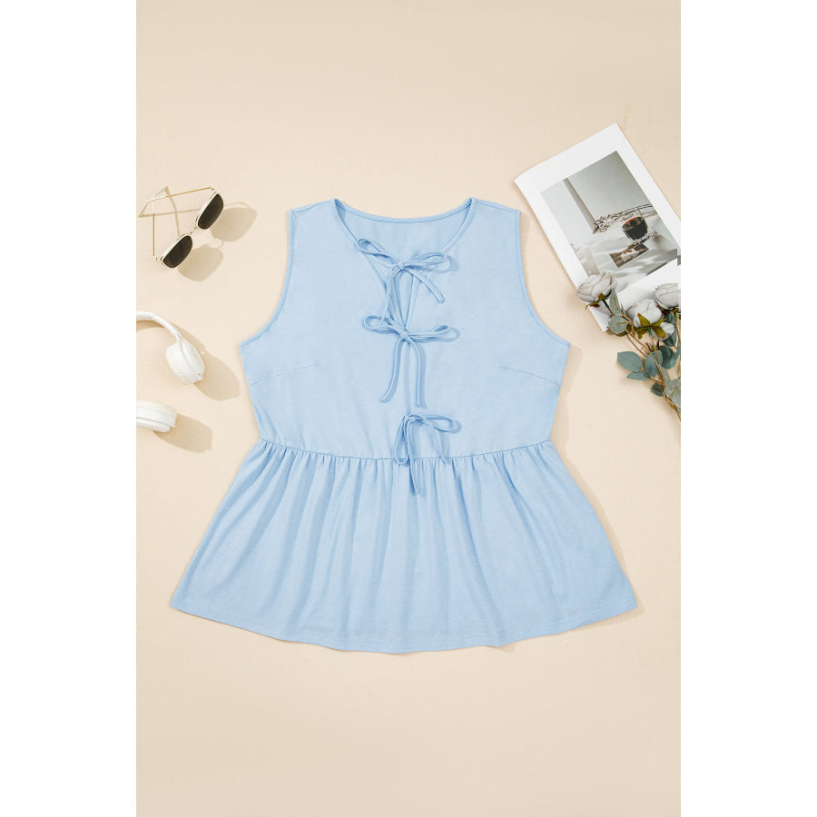 Coffee Plus Size Solid Color Bow Tie Peplum Tank Top Plus Size/Plus Size Tops/Plus Size Tank Tops