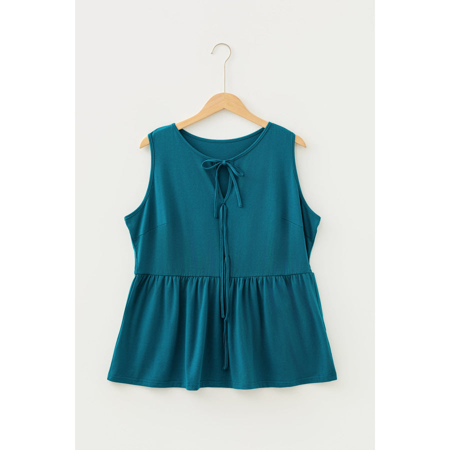 Coffee Plus Size Solid Color Bow Tie Peplum Tank Top Plus Size/Plus Size Tops/Plus Size Tank Tops