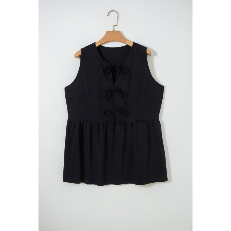 Coffee Plus Size Solid Color Bow Tie Peplum Tank Top Plus Size/Plus Size Tops/Plus Size Tank Tops