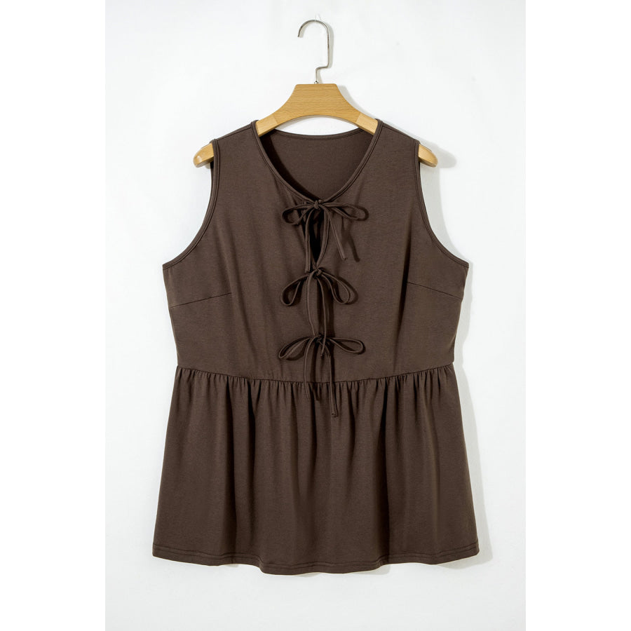 Coffee Plus Size Solid Color Bow Tie Peplum Tank Top Plus Size/Plus Size Tops/Plus Size Tank Tops