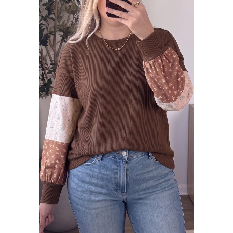 Coffee Plus Size Waffle Knit Floral Patchwork Long Sleeve Top / 1X / 75% Polyester + 25% Cotton Size/Plus Tops/Plus Tops