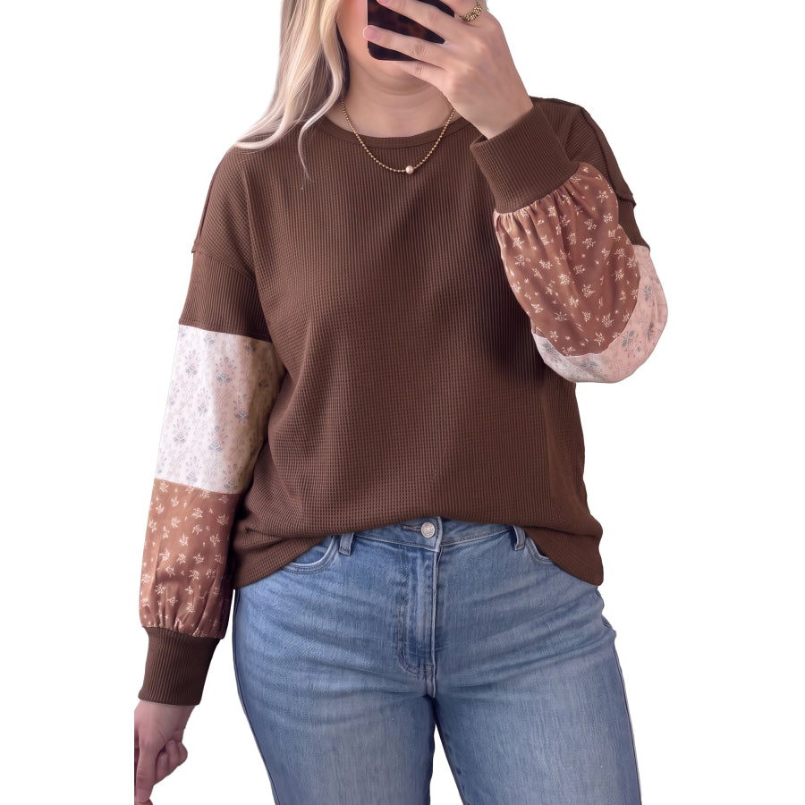 Coffee Plus Size Waffle Knit Floral Patchwork Long Sleeve Top / 1X / 75% Polyester + 25% Cotton Size/Plus Tops/Plus Tops