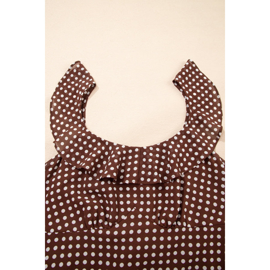 Coffee Polka Dot Print Backless Ruffled Tiered Maxi Dress Dresses/Maxi Dresses