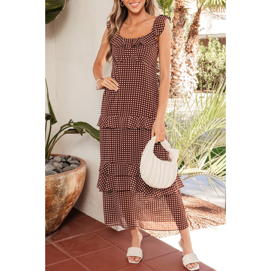 Coffee Polka Dot Print Backless Ruffled Tiered Maxi Dress Dresses/Maxi Dresses
