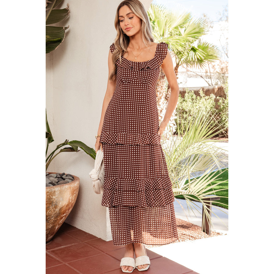 Coffee Polka Dot Print Backless Ruffled Tiered Maxi Dress Dresses/Maxi Dresses