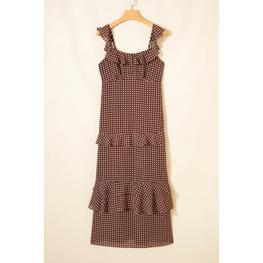 Coffee Polka Dot Print Backless Ruffled Tiered Maxi Dress Dresses/Maxi Dresses