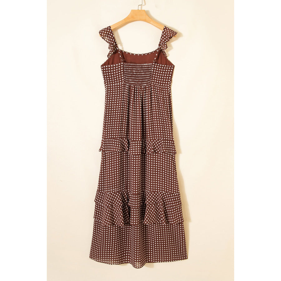 Coffee Polka Dot Print Backless Ruffled Tiered Maxi Dress Dresses/Maxi Dresses