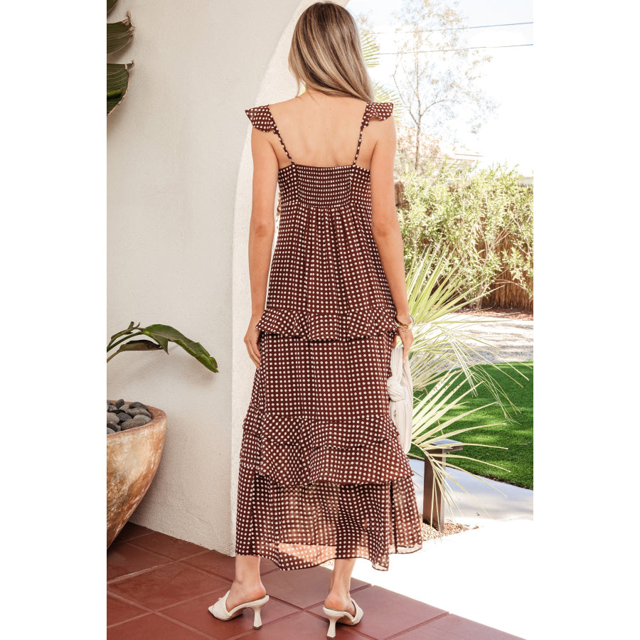 Coffee Polka Dot Print Backless Ruffled Tiered Maxi Dress Dresses/Maxi Dresses