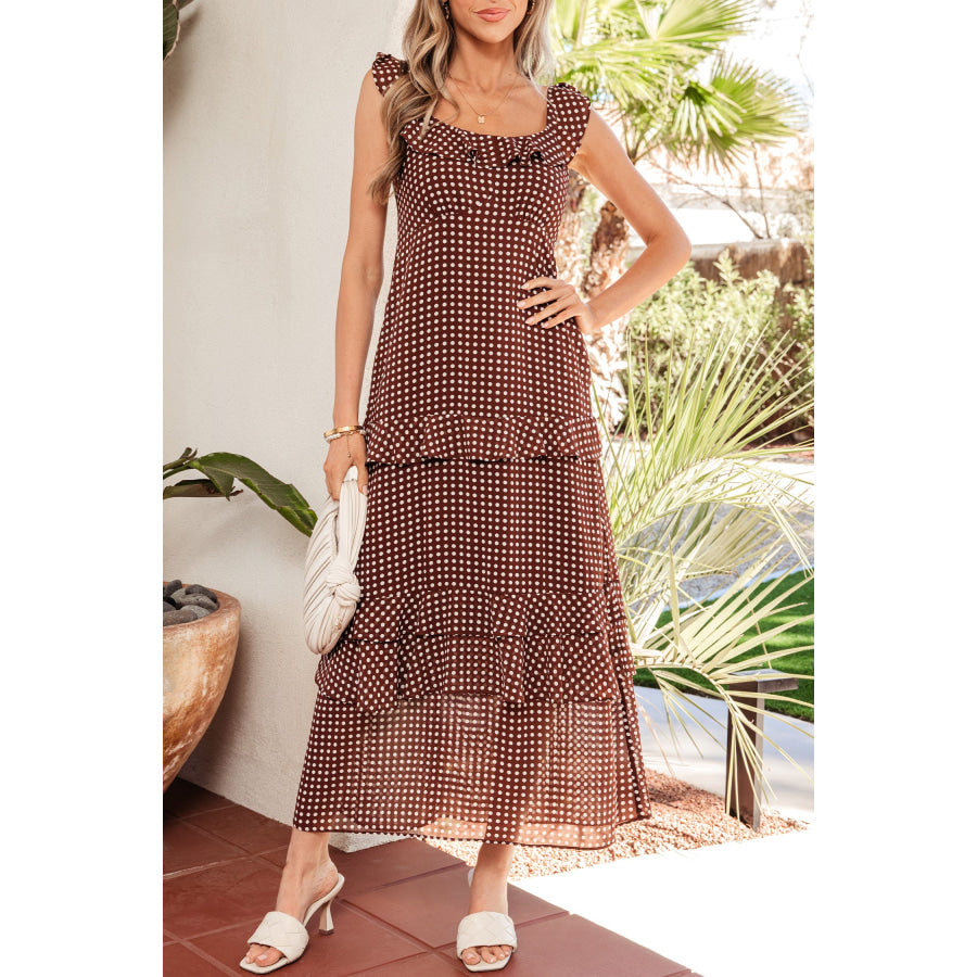 Coffee Polka Dot Print Backless Ruffled Tiered Maxi Dress Dresses/Maxi Dresses