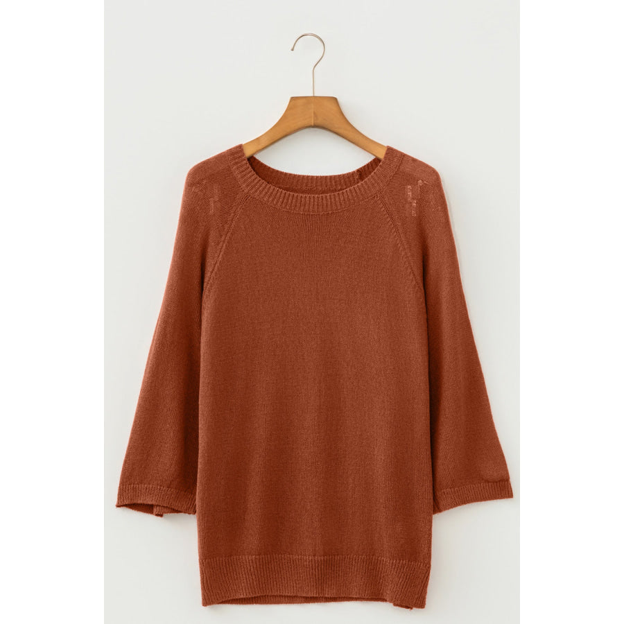 Coffee Ribbed Knit Round Neck Short Sleeve Sweater Sweaters & Cardigans/Short Sleeve Sweaters