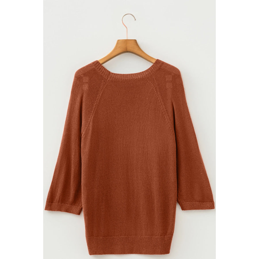 Coffee Ribbed Knit Round Neck Short Sleeve Sweater Sweaters & Cardigans/Short Sleeve Sweaters