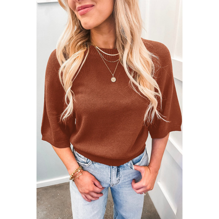 Coffee Ribbed Knit Round Neck Short Sleeve Sweater Sweaters & Cardigans/Short Sleeve Sweaters