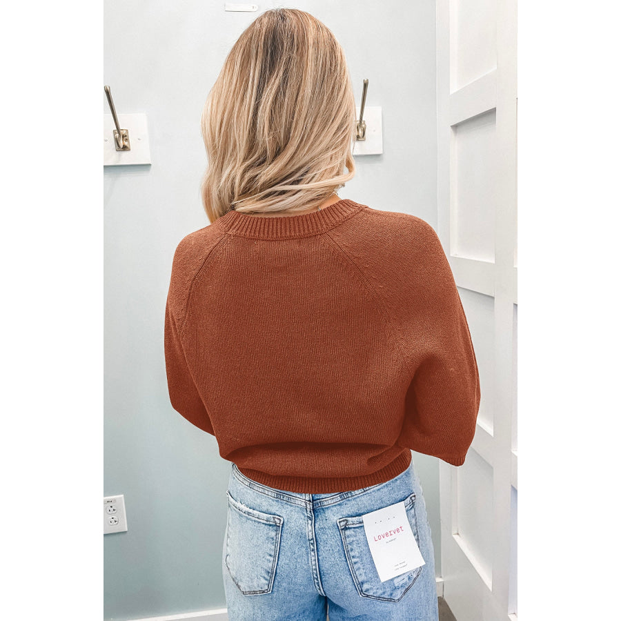 Coffee Ribbed Knit Round Neck Short Sleeve Sweater Sweaters & Cardigans/Short Sleeve Sweaters