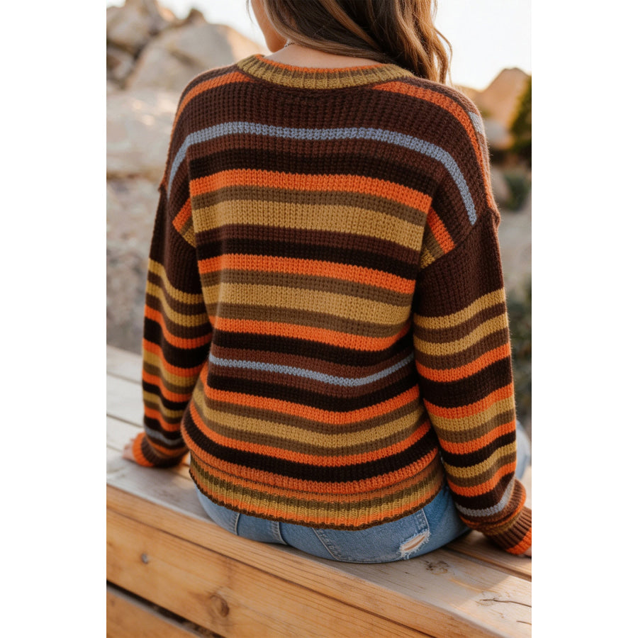 Coffee Round Neck Drop Shoulder Casual Shift Sweater / S Sweaters & Cardigans/Sweaters
