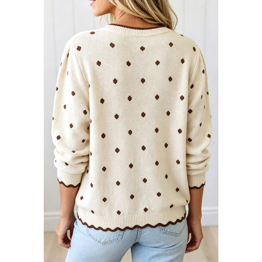 Coffee Round Neck Polka Dot Long Sleeve Casual Shift Sweater Sweaters & Cardigans/Sweaters