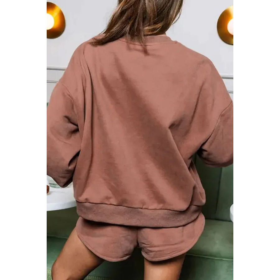 COFFEE Sequin Round Neck Long Sleeve Top and Shorts Set Taupe / S Apparel and Accessories