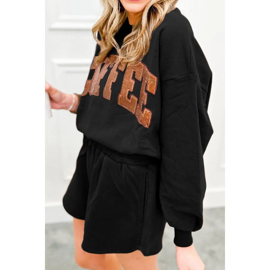 COFFEE Sequin Round Neck Long Sleeve Top and Shorts Set Apparel and Accessories