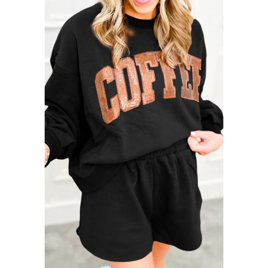 COFFEE Sequin Round Neck Long Sleeve Top and Shorts Set Black / S Apparel and Accessories