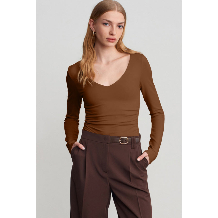 Coffee Slim Fit V Neck Long Sleeve Bra Buil-in Top Tops/Long Tops