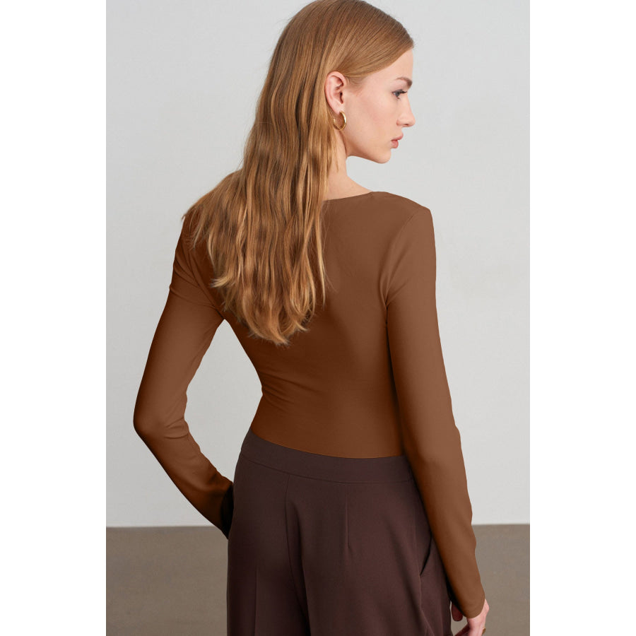 Coffee Slim Fit V Neck Long Sleeve Bra Buil-in Top Tops/Long Tops