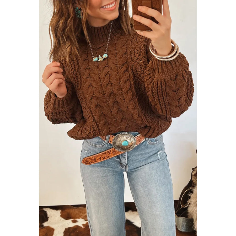 Coffee Solid Color Cable Knit High Neck Loose Pullover Sweater Coffee / S / 100% Acrylic Sweaters & Cardigans/Sweaters