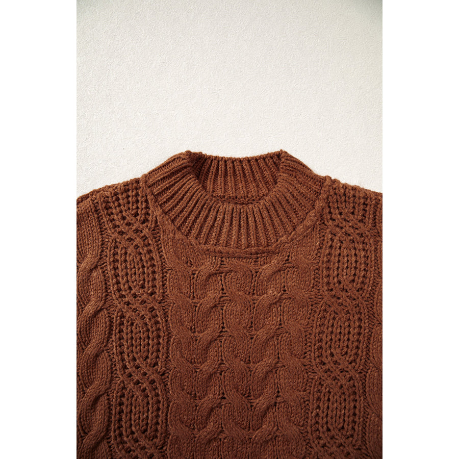 Coffee Solid Color Cable Knit High Neck Loose Pullover Sweater Sweaters & Cardigans/Sweaters