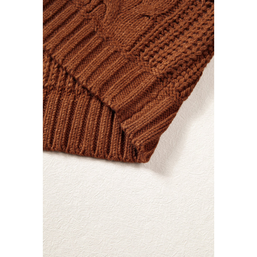 Coffee Solid Color Cable Knit High Neck Loose Pullover Sweater Sweaters & Cardigans/Sweaters