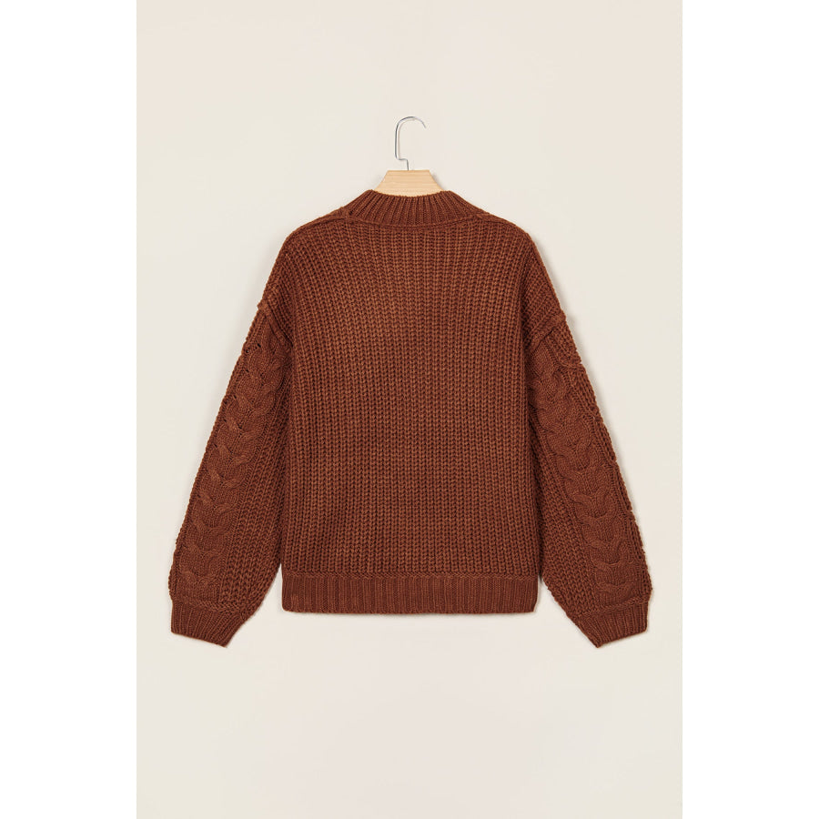 Coffee Solid Color Cable Knit High Neck Loose Pullover Sweater Sweaters & Cardigans/Sweaters