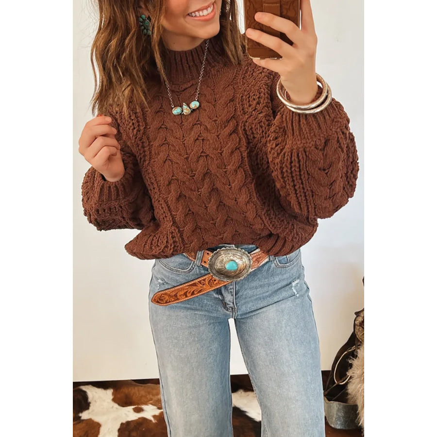 Coffee Solid Color Cable Knit High Neck Loose Pullover Sweater Sweaters & Cardigans/Sweaters