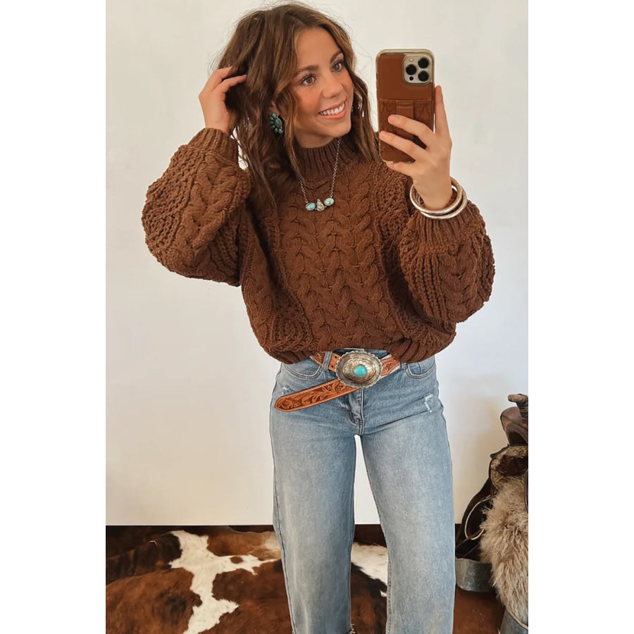 Coffee Solid Color Cable Knit High Neck Loose Pullover Sweater Sweaters & Cardigans/Sweaters