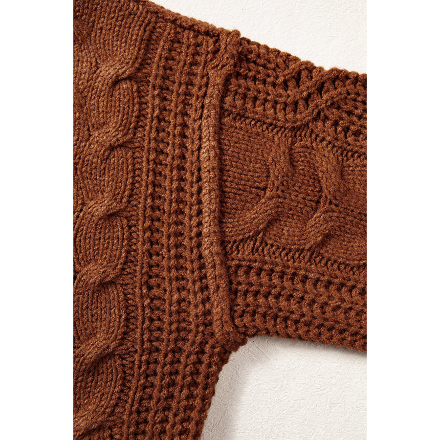 Coffee Solid Color Cable Knit High Neck Loose Pullover Sweater Sweaters & Cardigans/Sweaters