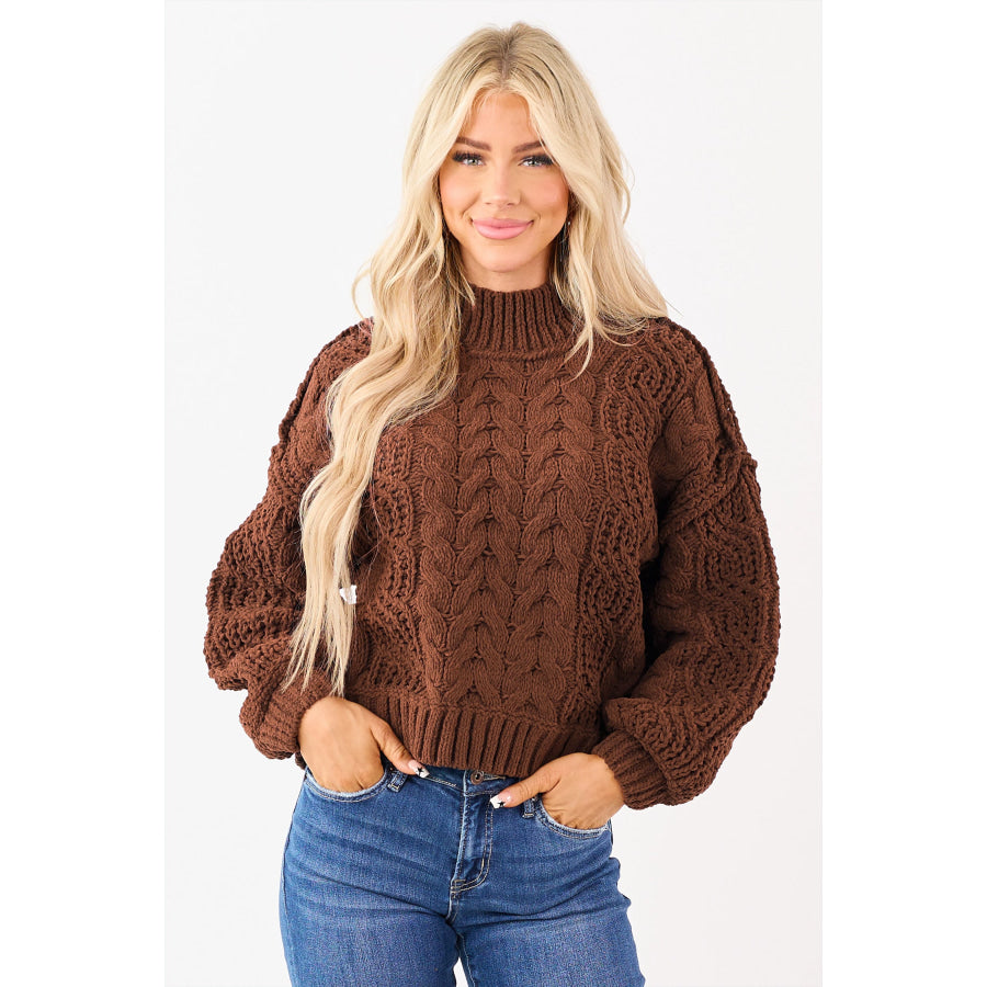 Coffee Solid Color Cable Knit High Neck Loose Pullover Sweater Sweaters & Cardigans/Sweaters