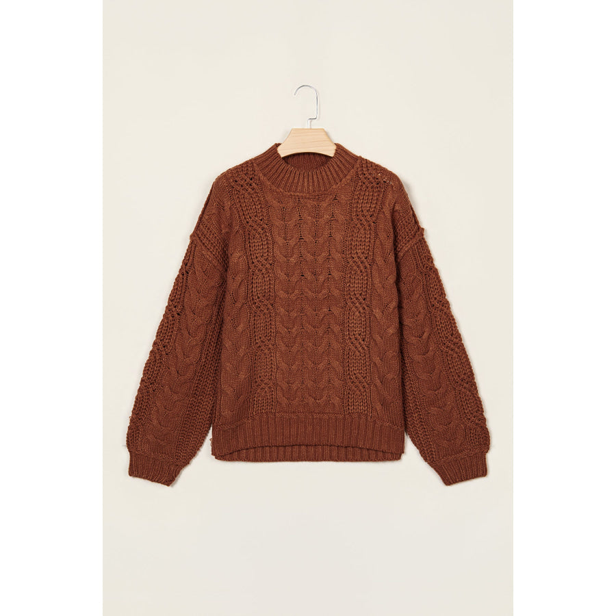 Coffee Solid Color Cable Knit High Neck Loose Pullover Sweater Sweaters & Cardigans/Sweaters