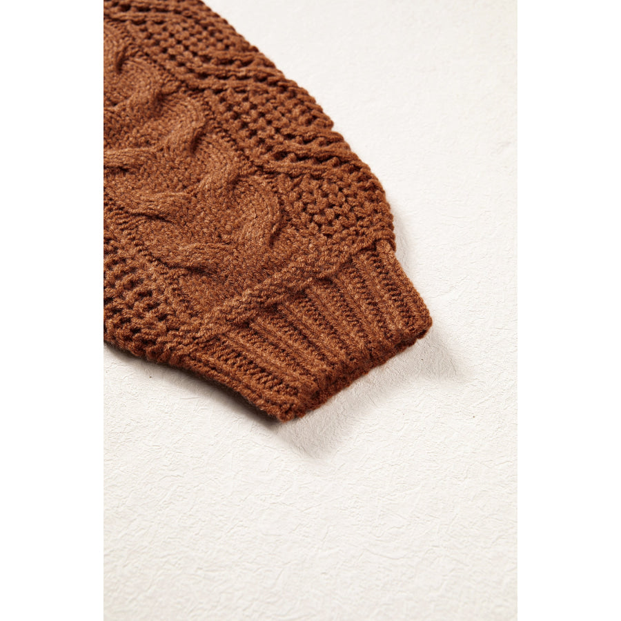Coffee Solid Color Cable Knit High Neck Loose Pullover Sweater Sweaters & Cardigans/Sweaters